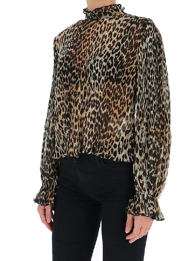 Shop Ganni Leopard Print Pleated Blouse In Brown