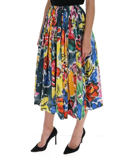 Shop Marni Floral Print Pleated Midi Skirt In Multi