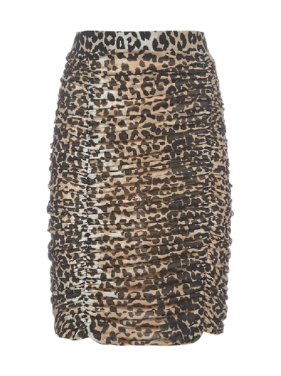 Shop Ganni Ruched Leopard Print Skirt In Brown