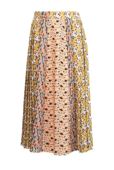 Shop Prada Mixed Print Pleated Skirt In Vaniglia Nero Arancione