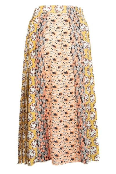 Shop Prada Mixed Print Pleated Skirt In Vaniglia Nero Arancione