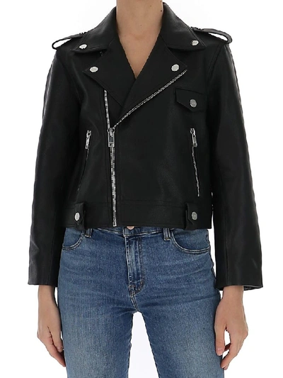 Shop Ganni Cropped Biker Leather Jacket In Black