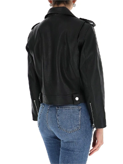 Shop Ganni Cropped Biker Leather Jacket In Black
