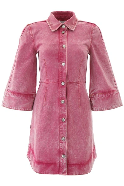 Shop Ganni Bell Sleeve Washed Denim Dress In Pink