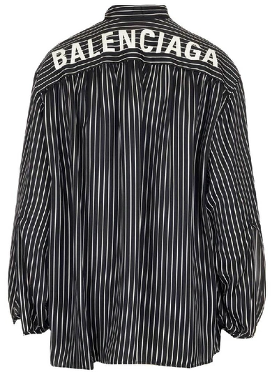 Shop Balenciaga Striped Logo Pussy Bow Blouse In Black