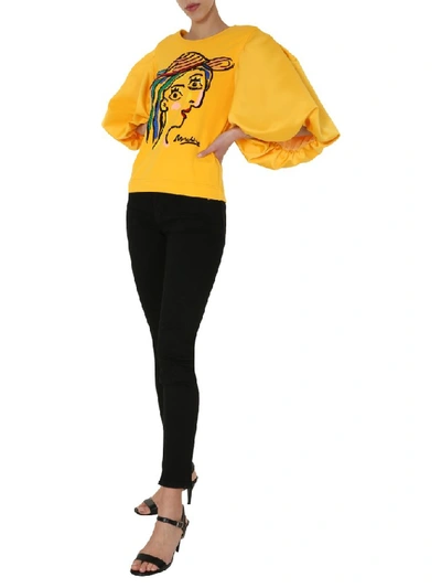 Shop Moschino Embroidered Puff Sleeve Blouse In Yellow