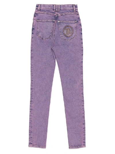 Shop Balmain Logo Embroidered Skinny Denim Jeans In Purple