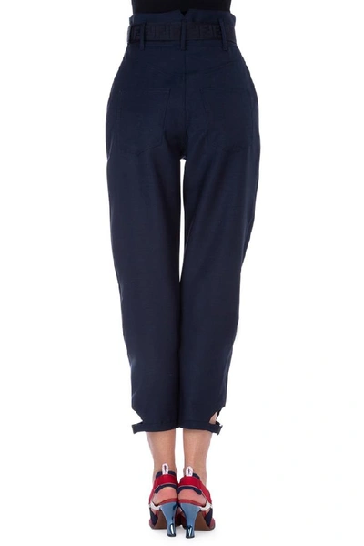 Shop Fendi High Waisted Belted Pants In Blue
