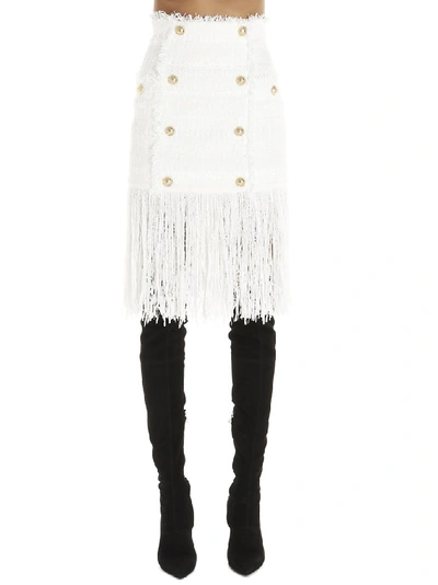 Shop Balmain Fringed Skirt In White