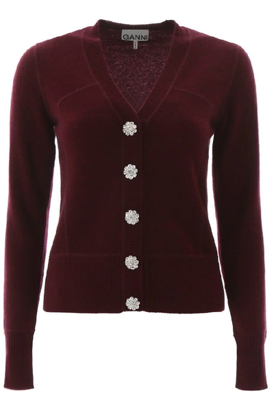 Shop Ganni Embellished Button Knitted Cardigan In Red