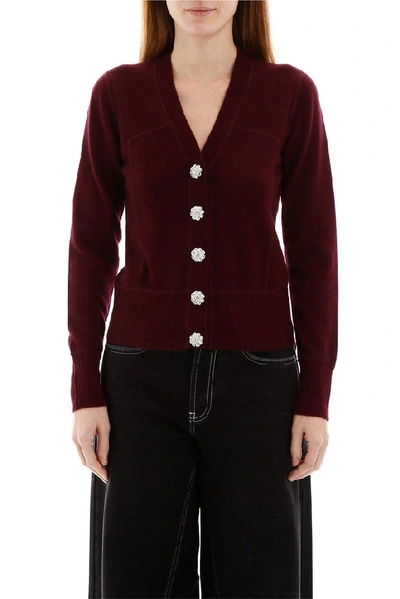 Shop Ganni Embellished Button Knitted Cardigan In Red