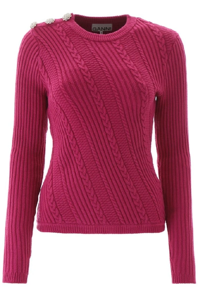 Shop Ganni Embellished Button Knitted Sweater In Pink