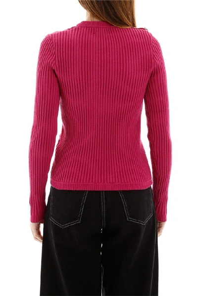 Shop Ganni Embellished Button Knitted Sweater In Pink