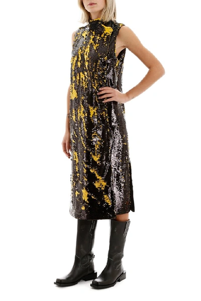 Shop Ganni Sequins Sleeveless Midi Dress In Yellow