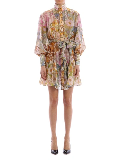 Shop Zimmermann Super Eight Lantern Mini Mixed Floral Dress In Multi