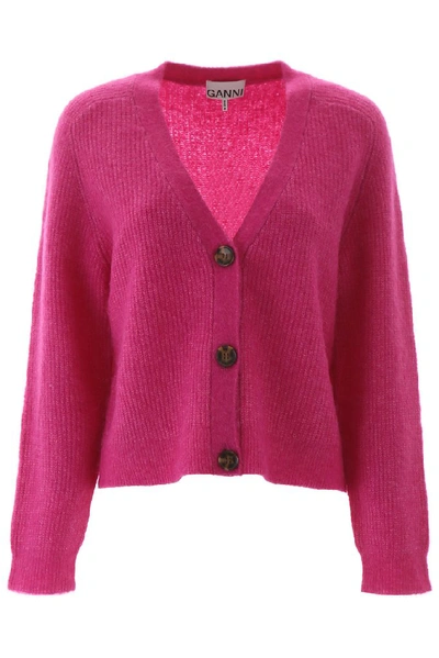 Shop Ganni Ribbed Knitted Cardigan In Pink