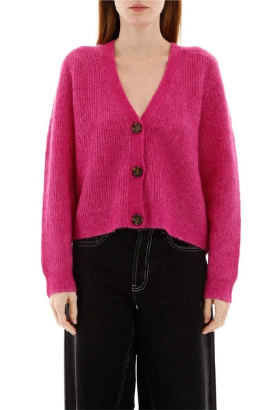 Shop Ganni Ribbed Knitted Cardigan In Pink