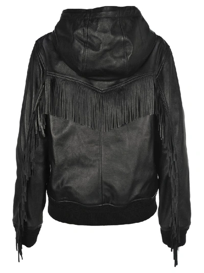 Shop Saint Laurent Fringed Detail Hooded Drawstring Jacket In Black