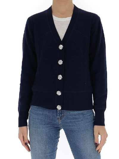 Shop Ganni Embellished Button Knitted Cardigan In Blue