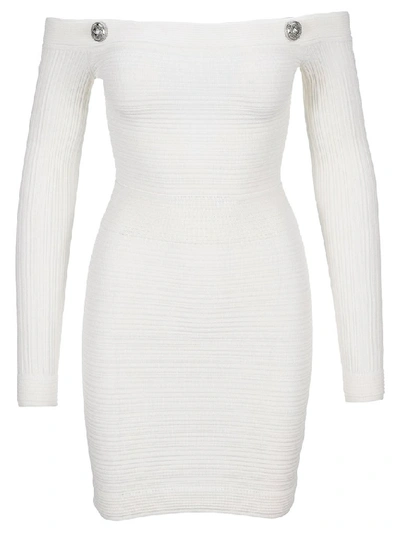 Shop Balmain Off The Shoulder Knitted Dress In White