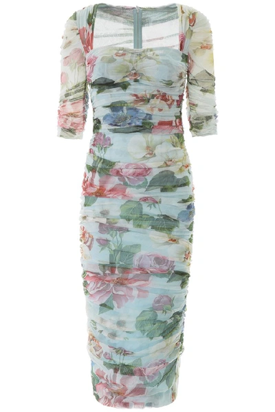 Shop Dolce & Gabbana Floral Ruched Midi Dress In Multi