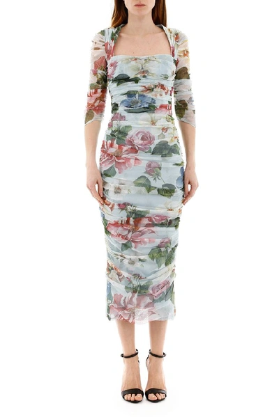 Shop Dolce & Gabbana Floral Ruched Midi Dress In Multi