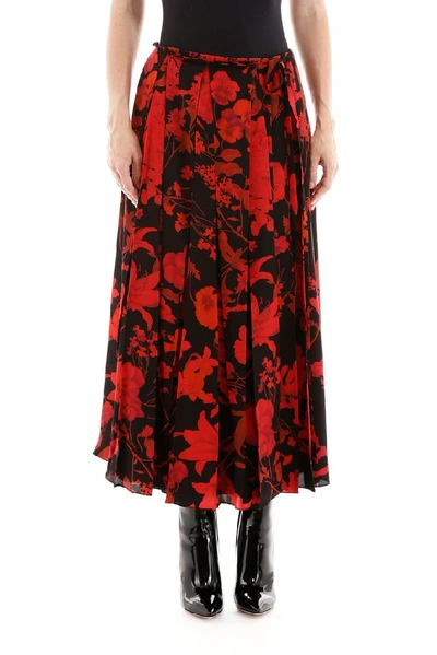 Shop Valentino Floral Pleated Skirt In Red