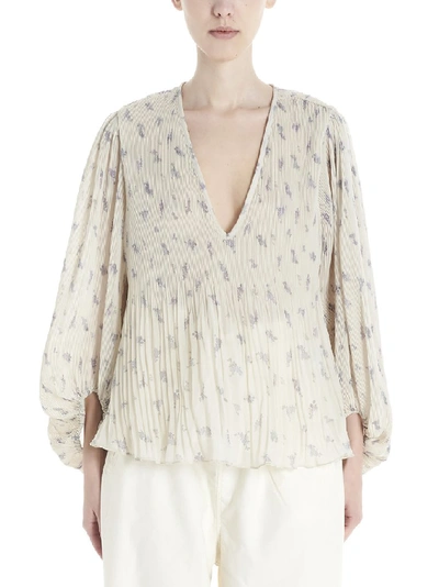 Floral Print Balloon Sleeve Pleated Georgette Blouse In Ivory