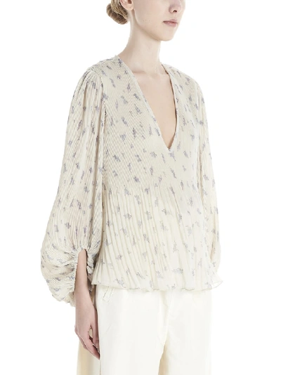 Floral Print Balloon Sleeve Pleated Georgette Blouse In Ivory