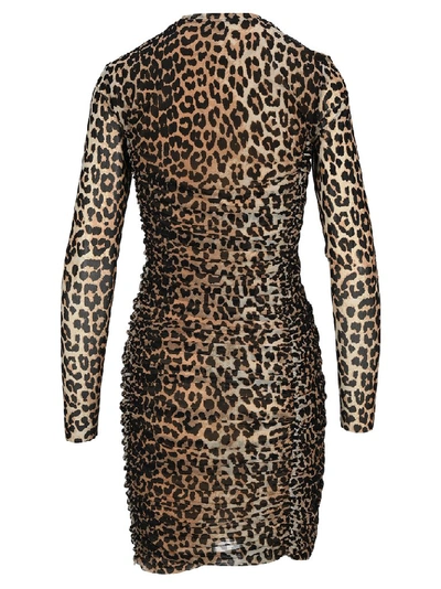 Shop Ganni Ruched Leopard Print Mini Dress In Brown