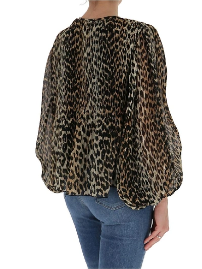 Shop Ganni Georgette Pleated Leopard Print Blouse In Brown