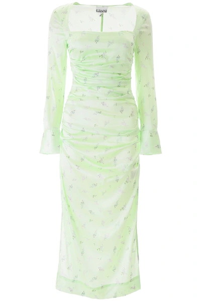 Shop Ganni Floral Ruched Midi Dress In Green