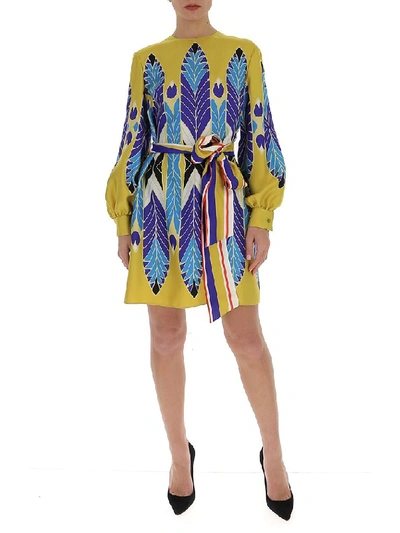 Shop Valentino Printed Belted Dress In Yellow