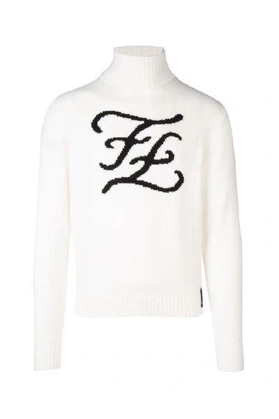 Shop Fendi Turtleneck Logo Knitted Jumper In White