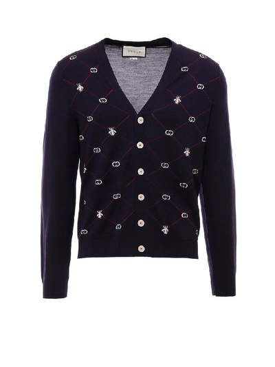 Shop Gucci Gg Bees Jacquard Cardigan In Blue