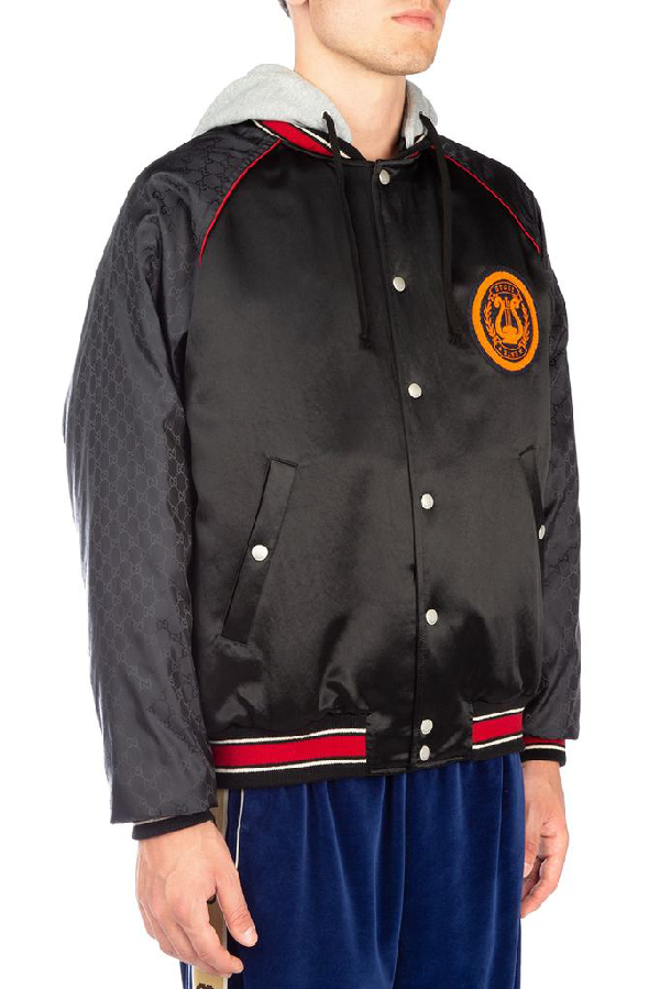 Gucci Black Men's Acetate Bomber Jacket With Lyre Patch | ModeSens