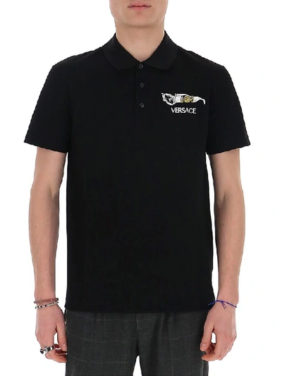 Shop Versace Logo Polo Shirt In Black