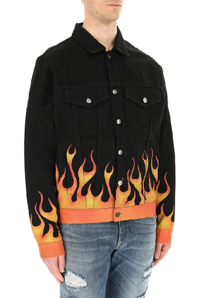 Palm Angels Burning Flames Print Cotton Denim Jacket In Black | ModeSens