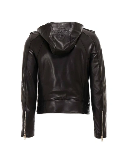 Shop Balmain Hooded Biker Jacket In Black