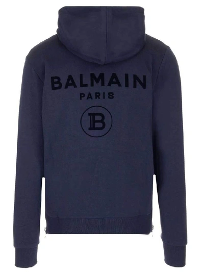 Shop Balmain Logo Zip Up Hoodie In Blue