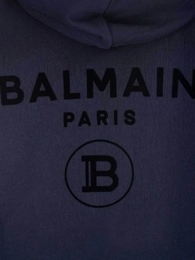 Shop Balmain Logo Zip Up Hoodie In Blue