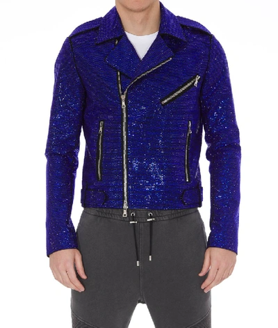 Shop Balmain Embellished Biker Jacket In Blue