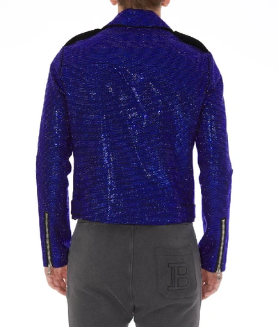 Shop Balmain Embellished Biker Jacket In Blue