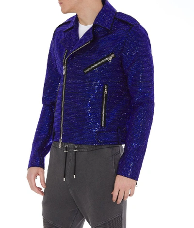 Shop Balmain Embellished Biker Jacket In Blue