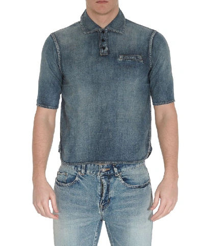 Shop Saint Laurent Denim Polo Shirt In Blue