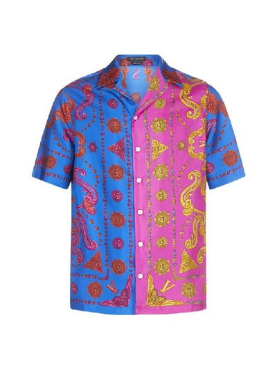 Shop Versace Graphic Printed Patchwork Shirt In Blue