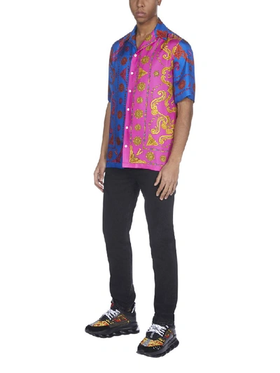 Shop Versace Graphic Printed Patchwork Shirt In Blue