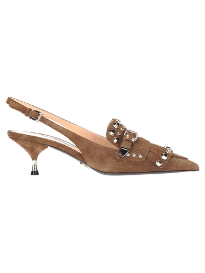 Shop Prada Kiltie Embellished Kitten Pumps In Brown