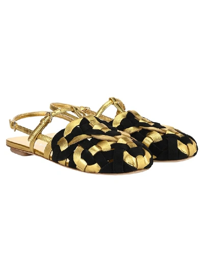 Shop Prada Contrasting Woven Sandals In Gold