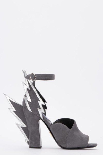 Shop Prada Thunderbolt Detail Ankle Strap Sandals In Grey